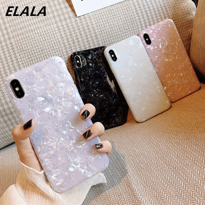 Glossy Marble Case For iPhone Bling  Conch Shell Epoxy Silicone Glitter Soft TPU Cover