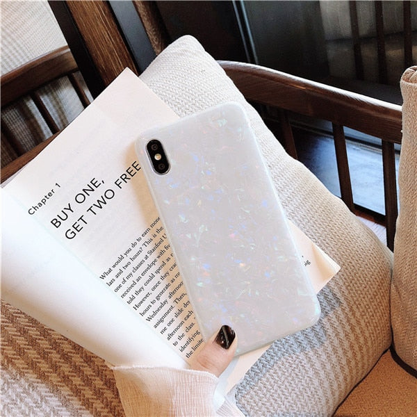 Glossy Marble Case For iPhone Bling  Conch Shell Epoxy Silicone Glitter Soft TPU Cover